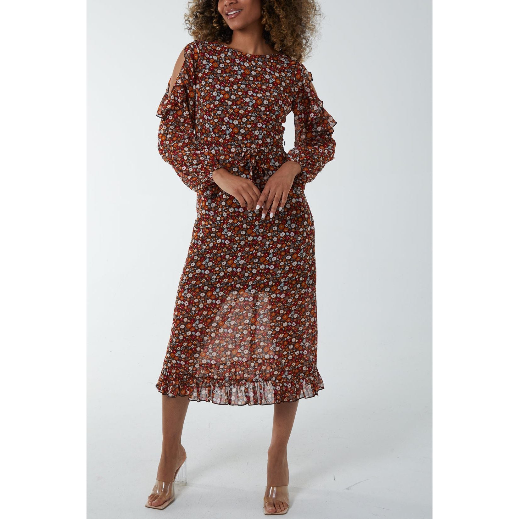 COLD SHOULDER DITSY FLORAL FRILL MIDI DRESS - Sokayaa