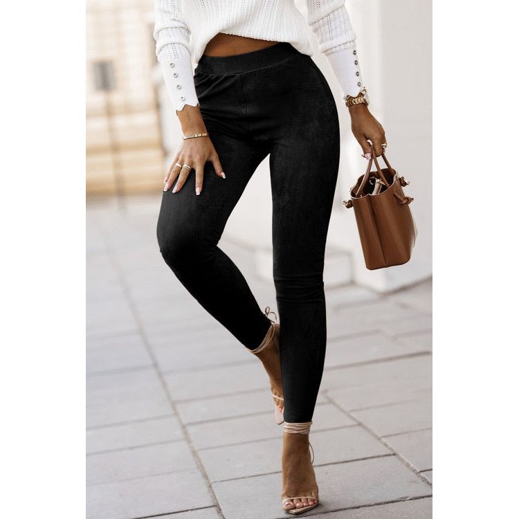 Black High Waist Faux Suede Skinny Leggings - Sokayaa