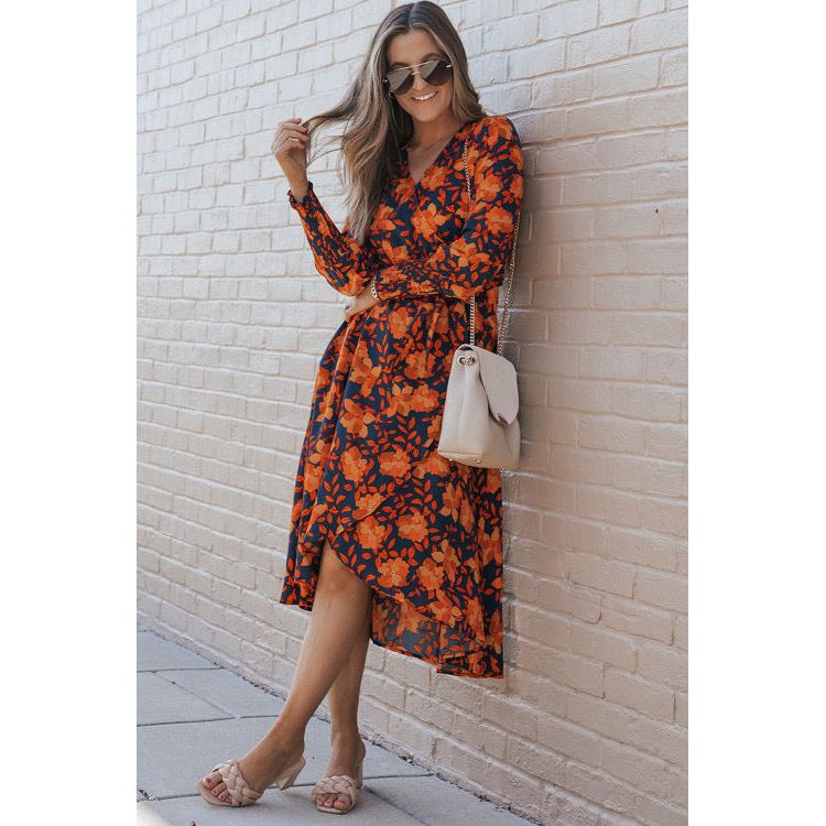 Orange Floral Print Faux Wrap Belted Dress - Sokayaa