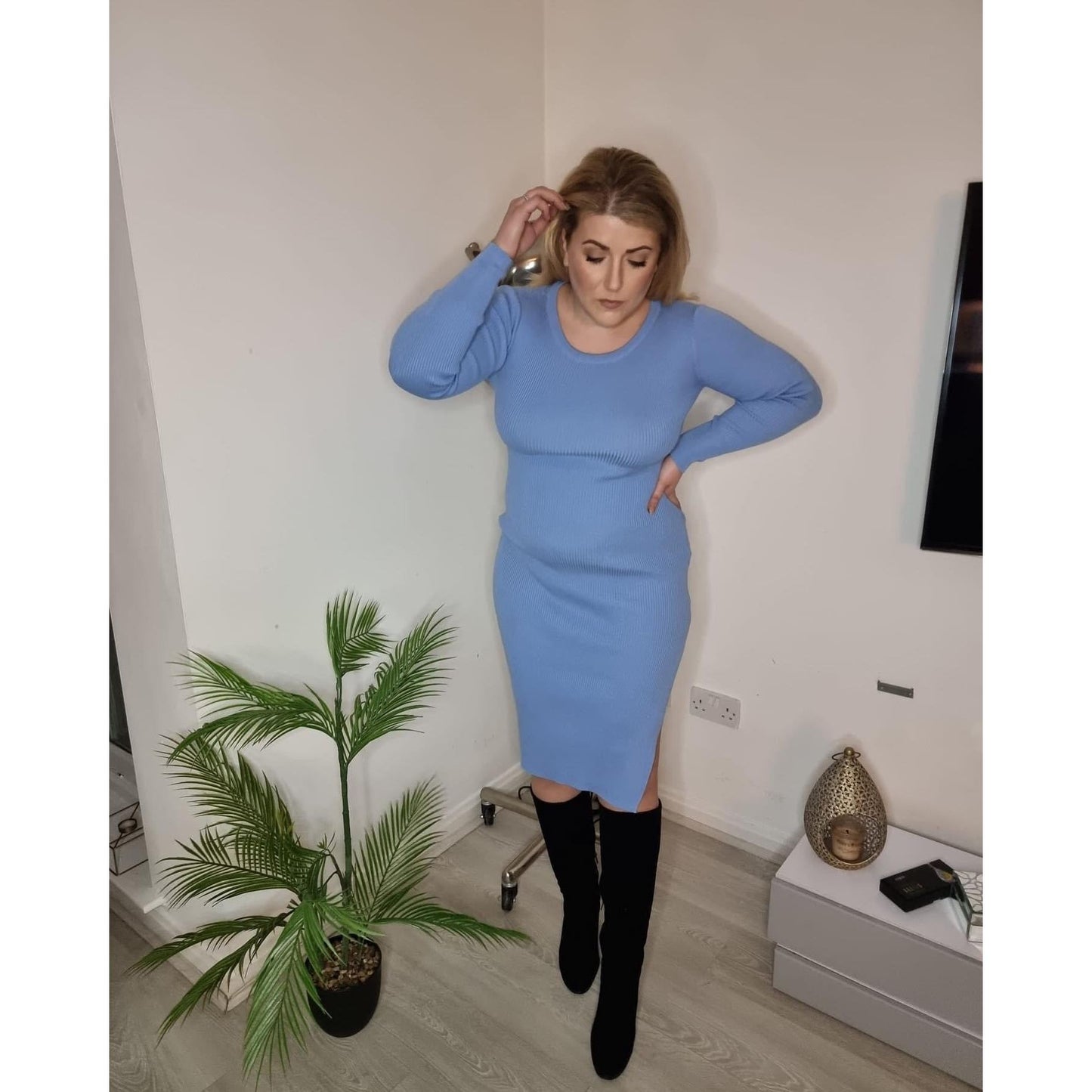 Blue Women Knitted Dress with Side Slits Bodycon - Sokayaa