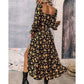 Black Floral Tie Square Neck Puff Sleeve Slit Dress - Sokayaa