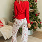 Red Solid Top and Christmas Pants Two Piece Lounge Set