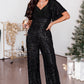 Black Sequin V Neck Flutter Sleeve Wide Leg Jumpsuit