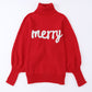 Red Merry Letter Embroidered High Neck Sweater