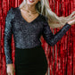 Black Sequin V Neck Zipped Long Sleeve Bodysuit