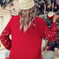 Racing Red Merry Graphic Sequin Sleeve Turtleneck Sweater