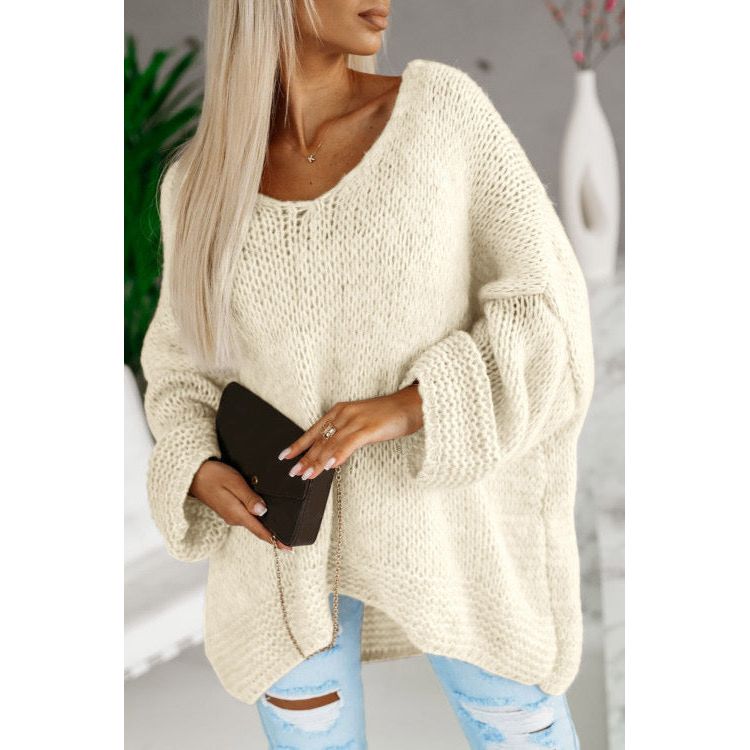 Apricot Loose Knitted V Neck Sweater - Sokayaa