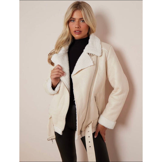 Faux Leather Lined Aviator Jacket in Cream - Sokayaa