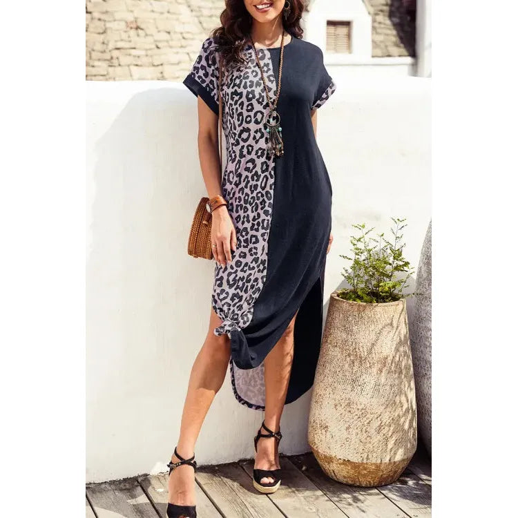 Black Contrast Solid Leopard Short Sleeve T-shirt Dress with Slits - Sokayaa