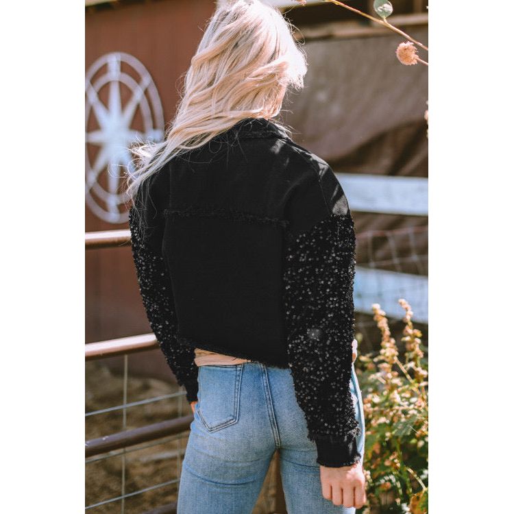 Black Sequin Sleeve Pocketed Raw Hem Denim Jacket - Sokayaa