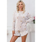 White Plush Star Pattern Long Sleeve Pullover and Shorts Lounge Set