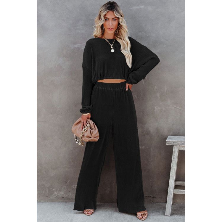 Black Corded Cropped Pullover and Wide Leg Pants Set, coord, twopiece