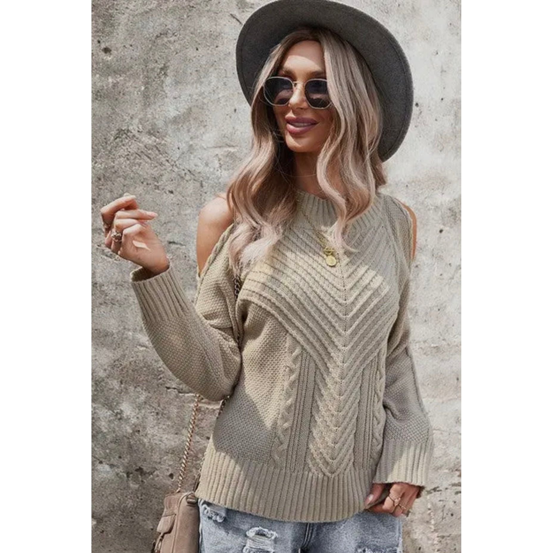 Beige/Khaki Cold Shoulder Solid Knit Sweater - Sokayaa