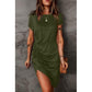 Khaki Side Rouched Short Sleeve Dress - Sokayaa