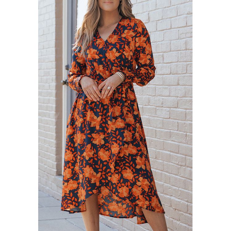 Orange Floral Print Faux Wrap Belted Dress - Sokayaa