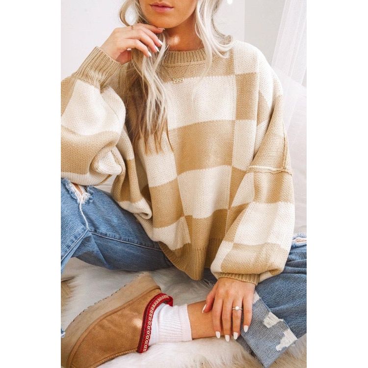 Beige Checkered Bishop Sleeve Sweater Jumper