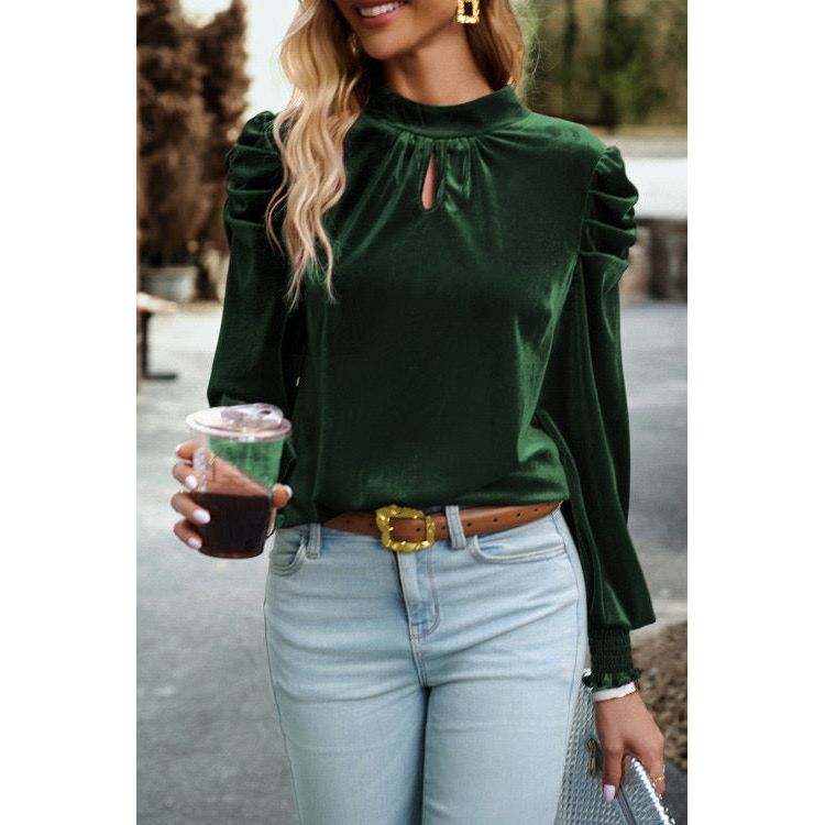 Green Mock Neck Puff Sleeve Velvet Blouse - Sokayaa