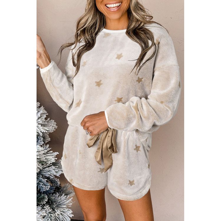 White Plush Star Pattern Long Sleeve Pullover and Shorts Lounge Set