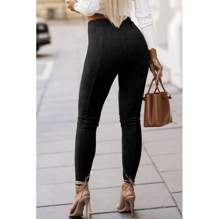 Black High Waist Faux Suede Skinny Leggings - Sokayaa