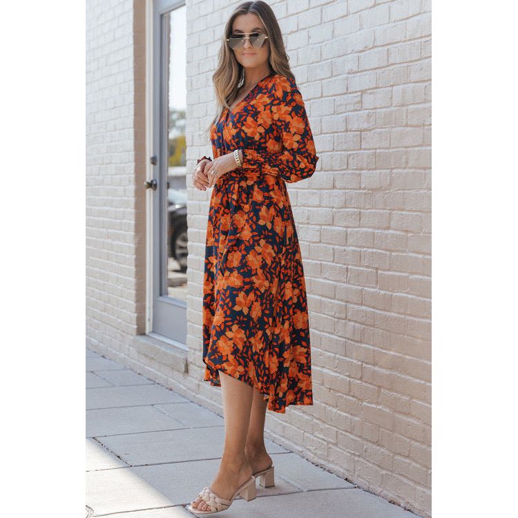 Orange Floral Print Faux Wrap Belted Dress - Sokayaa