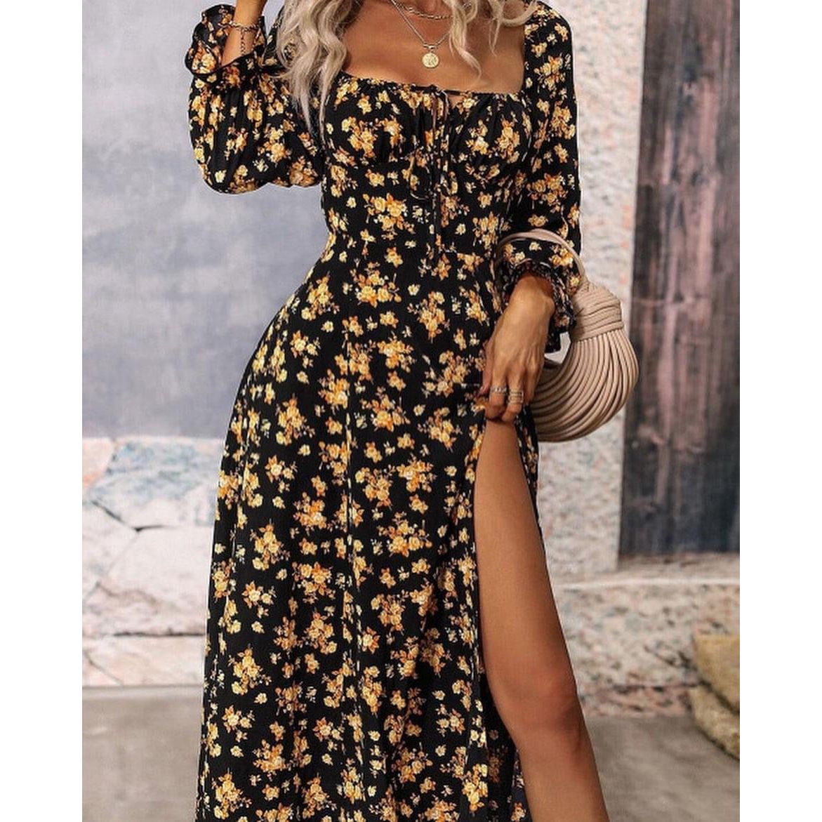 Black Floral Tie Square Neck Puff Sleeve Slit Dress - Sokayaa