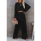 Black Corded Cropped Pullover and Wide Leg Pants Set, coord, twopiece