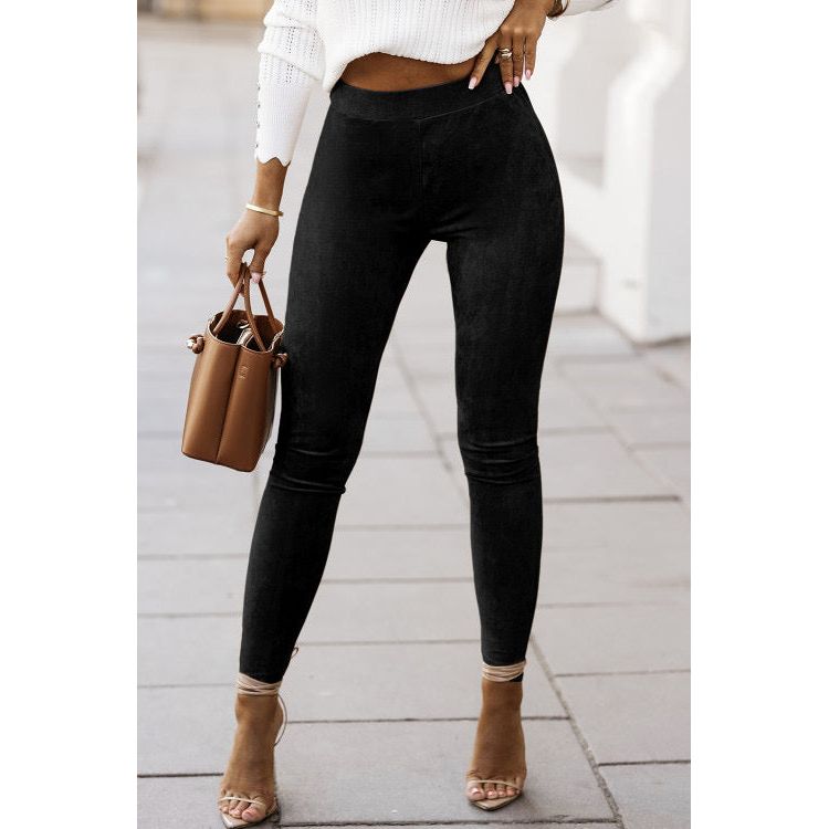 Black High Waist Faux Suede Skinny Leggings - Sokayaa