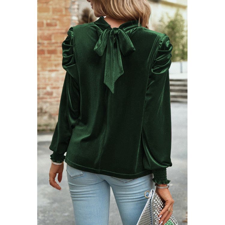 Green Mock Neck Puff Sleeve Velvet Blouse - Sokayaa