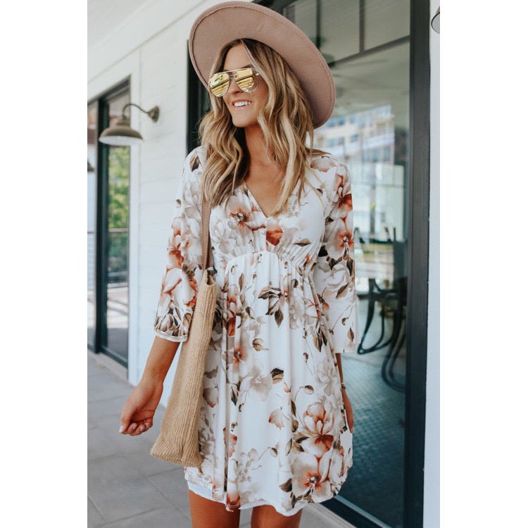 White V Neck 3/4 Sleeve Floral Dress