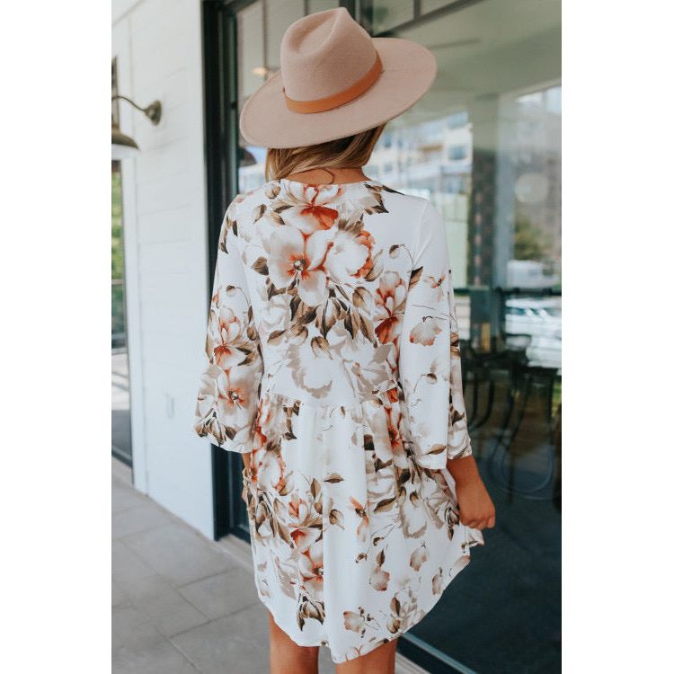 White V Neck 3/4 Sleeve Floral Dress