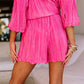 Rose 3/4 Sleeves Pleated Shirt and High Waist Shorts Lounge Set