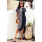 Black Contrast Solid Leopard Short Sleeve T-shirt Dress with Slits - Sokayaa