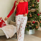 Red Solid Top and Christmas Pants Two Piece Lounge Set