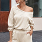 Beige Corded V Neck Slouchy Top Pocketed Shorts Set