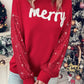 Racing Red Merry Graphic Sequin Sleeve Turtleneck Sweater