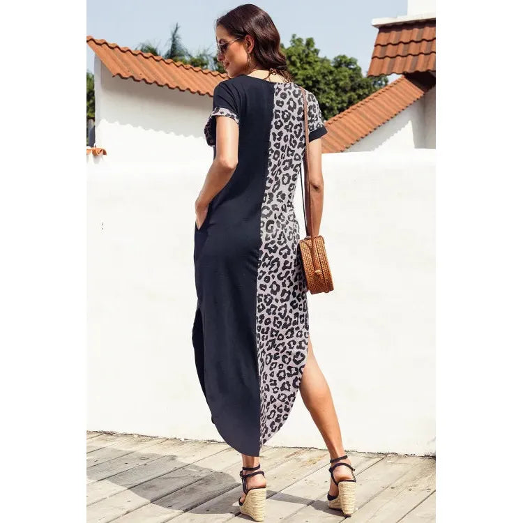 Black Contrast Solid Leopard Short Sleeve T-shirt Dress with Slits - Sokayaa