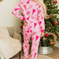 Pink Christmas Tree Print V Neck Buttoned Pullover and Drawstring Pants Lounge Set