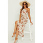 Rose Print Hight Low Spilt Halterneck Tiered Maxi Dress in White Holiday Travel Sunglasses