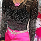 Black Rhinestone Embellished Mesh Long Sleeve Bodysuit