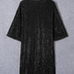 Black Sequin 3/4 Sleeve Open Front Duster Kimono