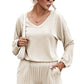 Beige Corded V Neck Slouchy Top Pocketed Shorts Set