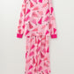 Pink Christmas Tree Print V Neck Buttoned Pullover and Drawstring Pants Lounge Set