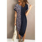 Black Contrast Solid Leopard Short Sleeve T-shirt Dress with Slits - Sokayaa