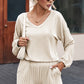 Beige Corded V Neck Slouchy Top Pocketed Shorts Set