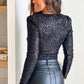 Black Sequin V Neck Zipped Long Sleeve Bodysuit