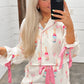 White Christmas Wine Glass Print Bow Knot Two Piece Pajama Set