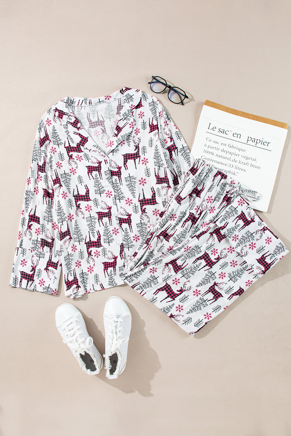 White Christmas Printed Shirt and Pants Pajama Set