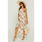 Rose Print Hight Low Spilt Halterneck Tiered Maxi Dress in White Holiday Travel Sunglasses