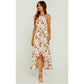 Rose Print Hight Low Spilt Halterneck Tiered Maxi Dress in White Holiday Travel Sunglasses