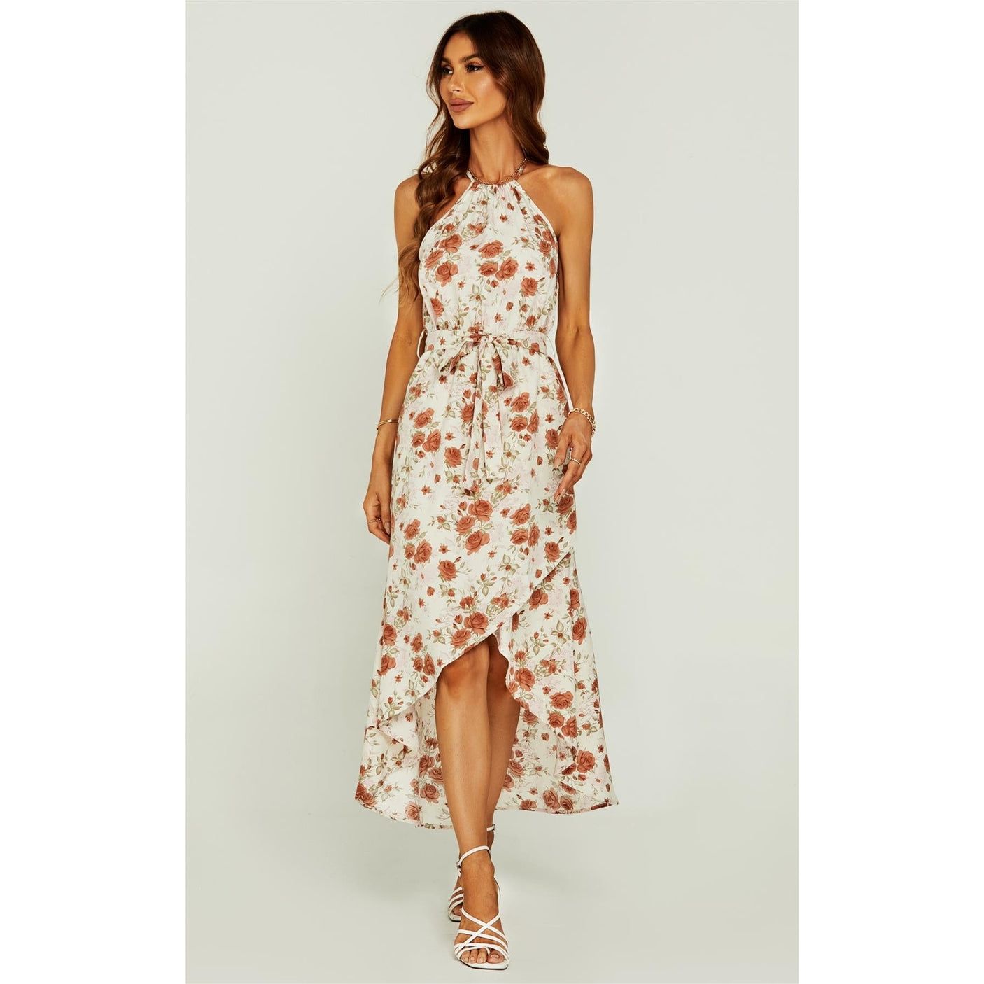 Rose Print Hight Low Spilt Halterneck Tiered Maxi Dress in White Holiday Travel Sunglasses